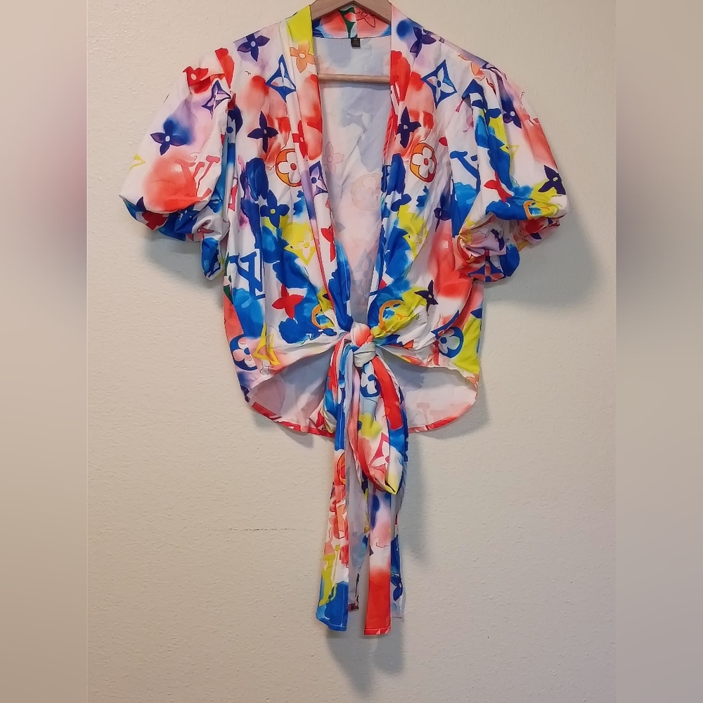 Unbranded Women's Multi Color Short Puffy‎ Sleeve Ties Ways Size Medium